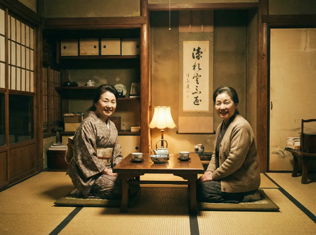 两位优雅的 优德w88体育 在日式茶室中品茶交谈